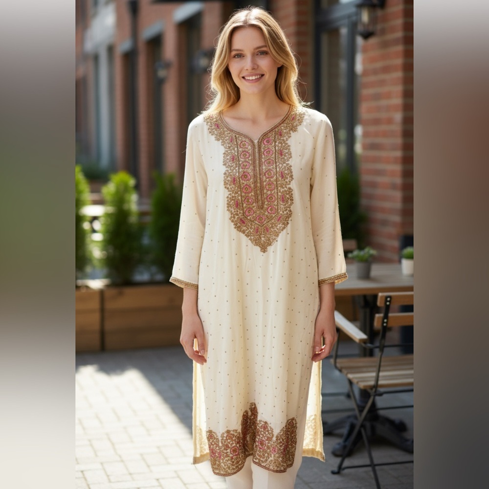 Traditional White Cream Kurta With Beads and Embroidery